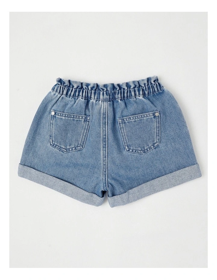 Paper Bag Waist Denim Short with Embroidery in Daisies/Light Denim image 3
