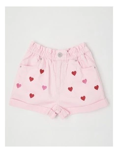 Paper Bag Waist Denim Short with Embroidery in Hearts/Pink
