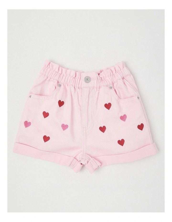 Paper Bag Waist Denim Short with Embroidery in Hearts/Pink image 1
