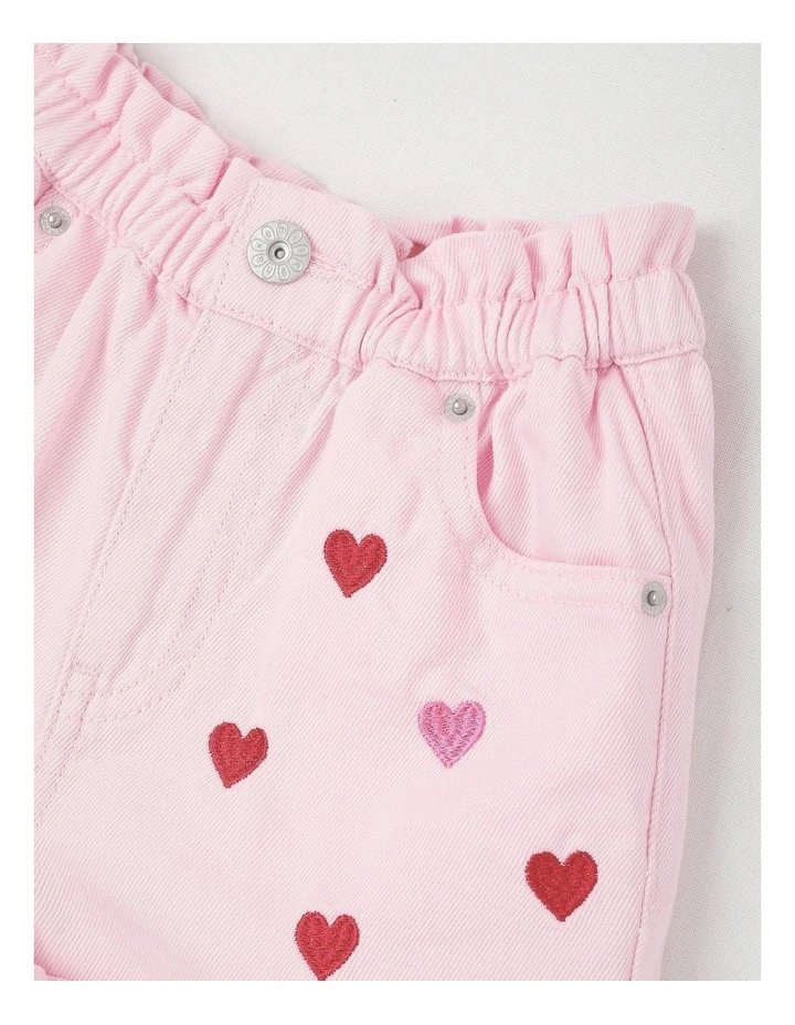 Paper Bag Waist Denim Short with Embroidery in Hearts/Pink image 2