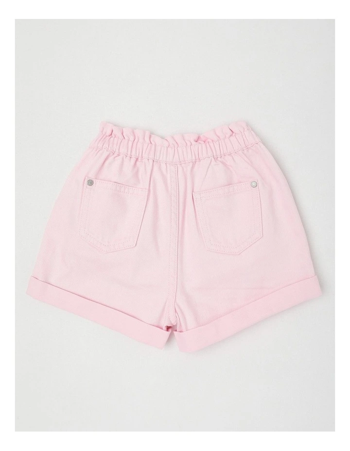 Paper Bag Waist Denim Short with Embroidery in Hearts/Pink image 3