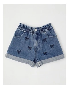 Paper Bag Waist Denim Short with Embroidery in Bows/Mid Denim