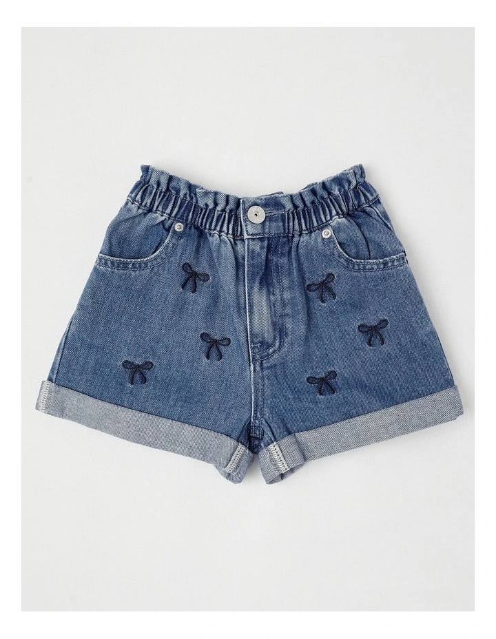 Paper Bag Waist Denim Short with Embroidery in Bows/Mid Denim image 1