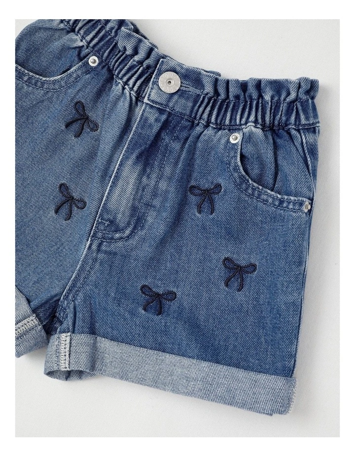 Paper Bag Waist Denim Short with Embroidery in Bows/Mid Denim image 2