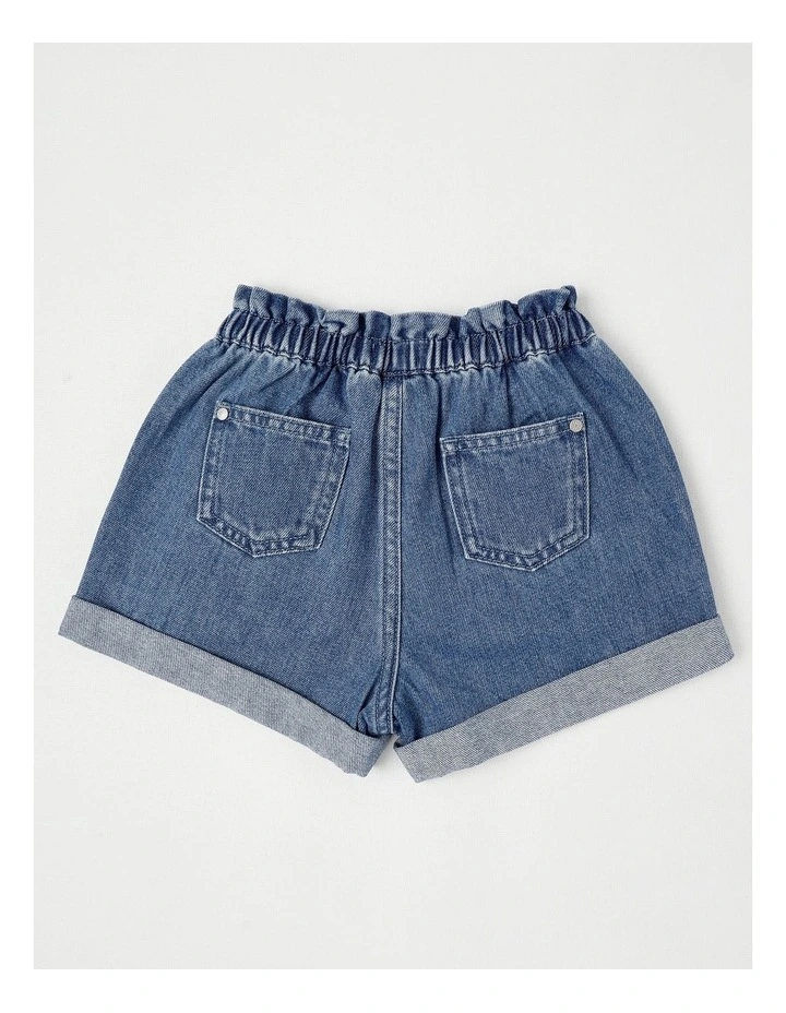 Paper Bag Waist Denim Short with Embroidery in Bows/Mid Denim image 3