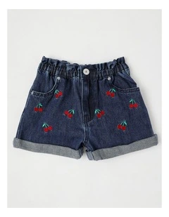 Paper Bag Waist Denim Short With Embroidery in Cherries/Indigo