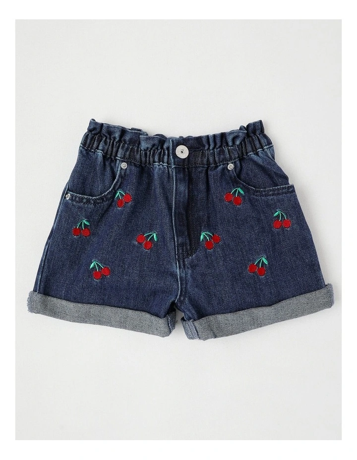 Paper Bag Waist Denim Short With Embroidery in Cherries/Indigo image 1