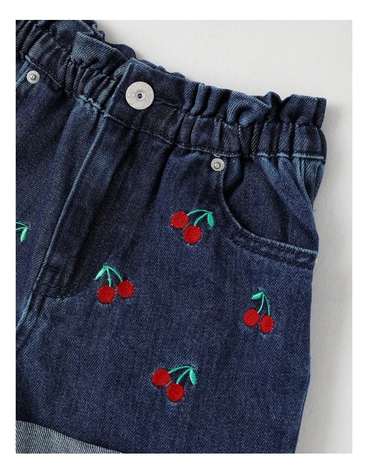 Paper Bag Waist Denim Short With Embroidery in Cherries/Indigo image 2