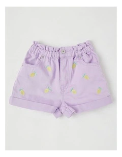 Paper Bag Waist Denim Short With Embroidery in Lemons/Purple