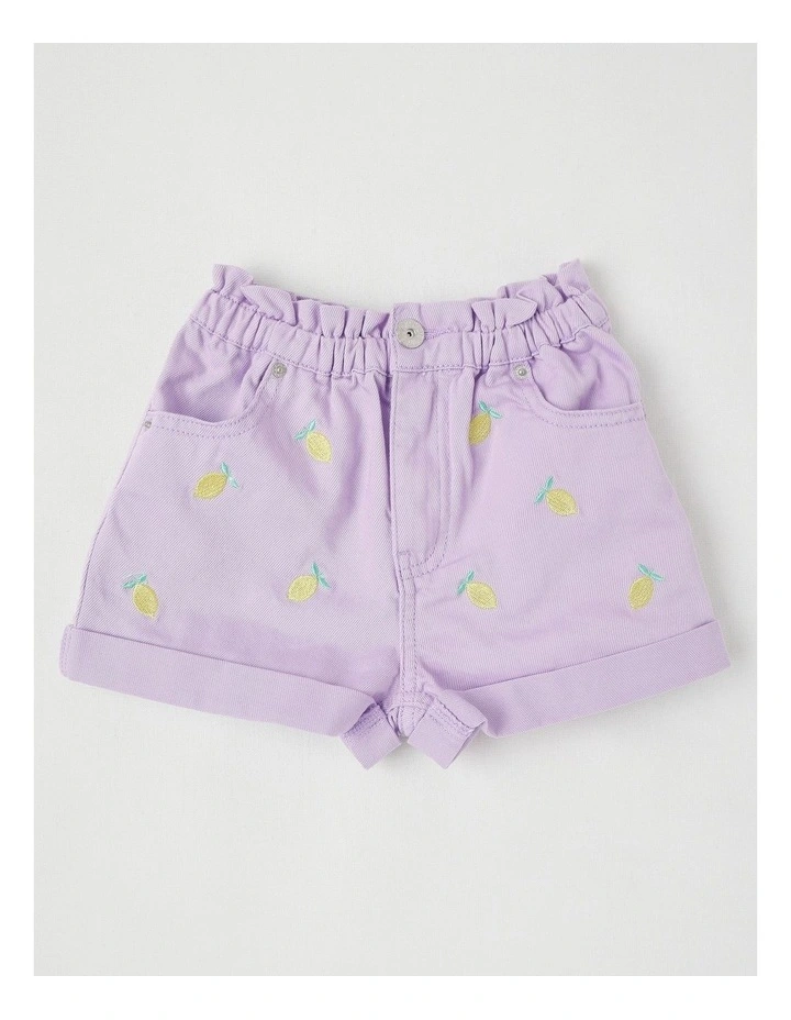 Paper Bag Waist Denim Short With Embroidery in Lemons/Purple image 1