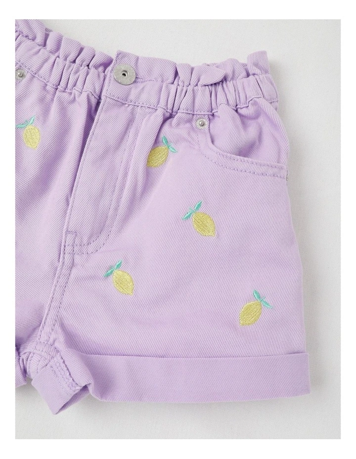 Paper Bag Waist Denim Short With Embroidery in Lemons/Purple image 2
