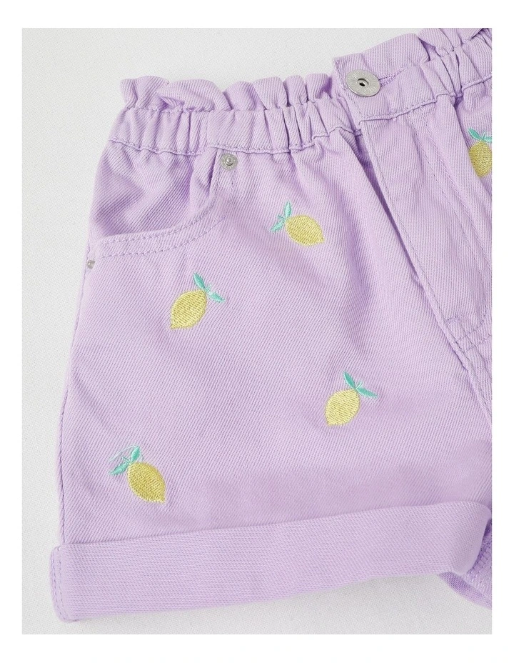 Paper Bag Waist Denim Short With Embroidery in Lemons/Purple image 4