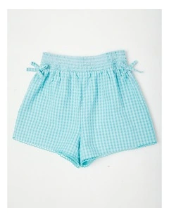 Shirred Waist Short With Pom Pom Trim in Aqua