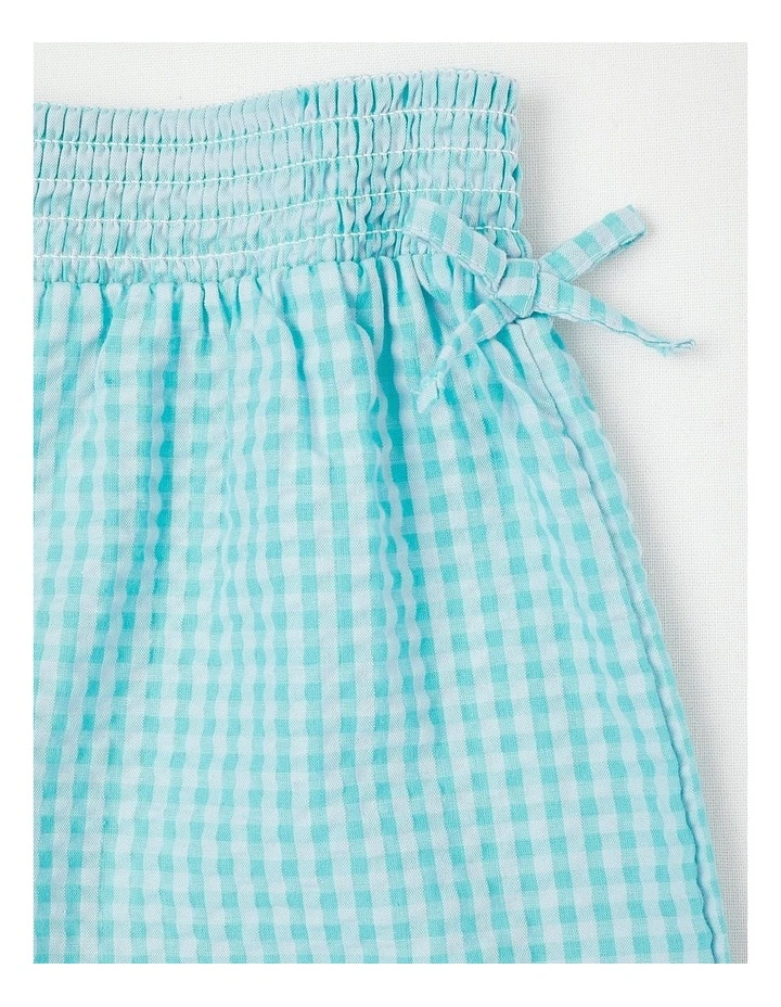 Shirred Waist Short With Pom Pom Trim in Aqua image 2