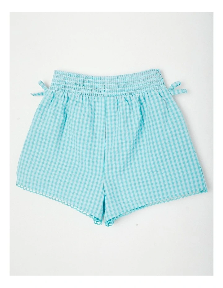 Shirred Waist Short With Pom Pom Trim in Aqua image 3