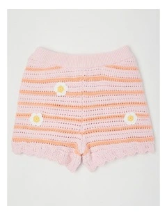 Crochet Short With Daisy Applique in Pink/Peach Stripe