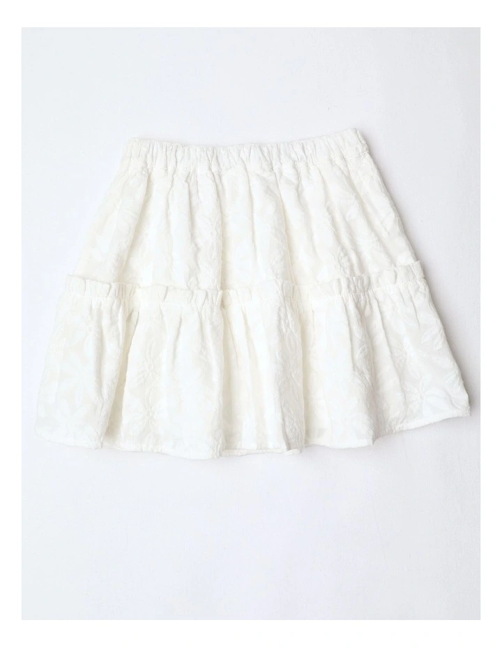 Tiered Skirt with Flower Emboiderey in White image 3