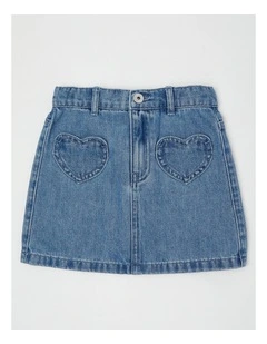 Denim Skirt with Heart Pockets in Light Denim