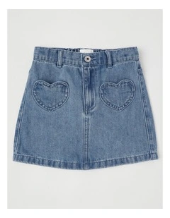 Denim Skirt with Heart Pockets in Mid Denim