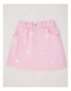 Paperbag Waist Skirt With Embroidery in Daisies/Pink