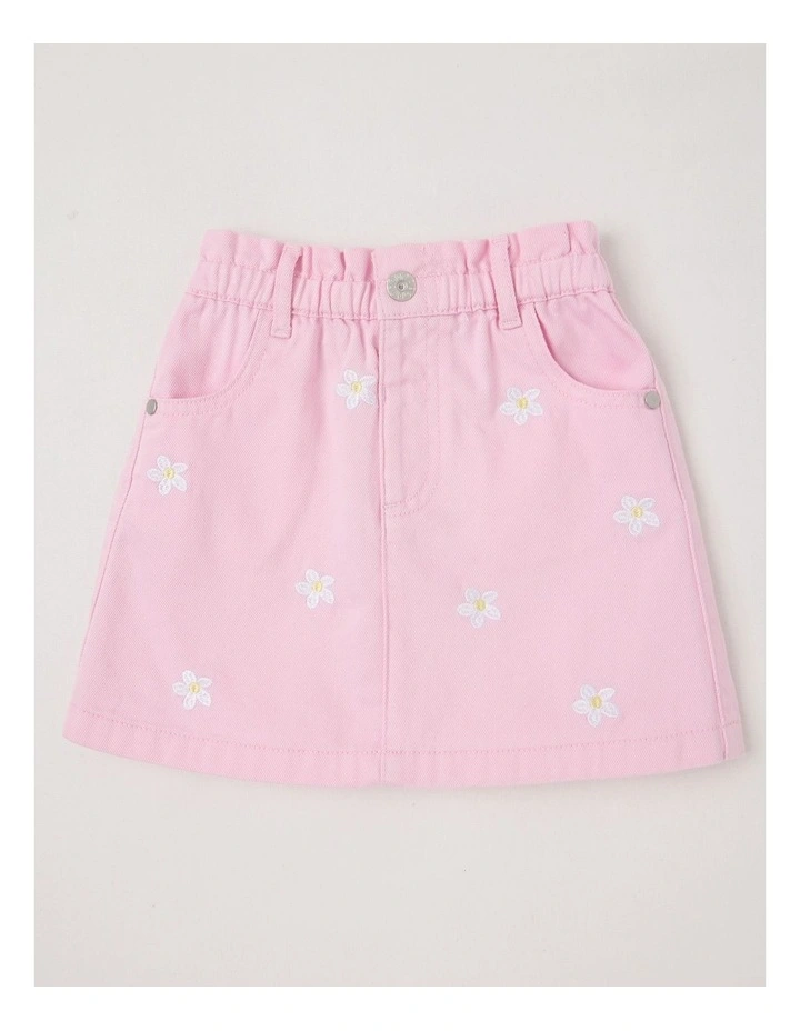 Paperbag Waist Skirt With Embroidery in Daisies/Pink image 1