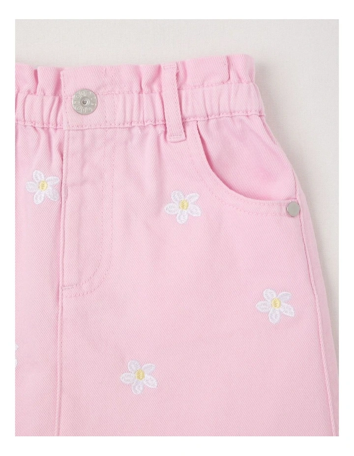 Paperbag Waist Skirt With Embroidery in Daisies/Pink image 2