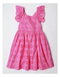 Broiderie Dress with Flutter Sleeve in Hot Pink