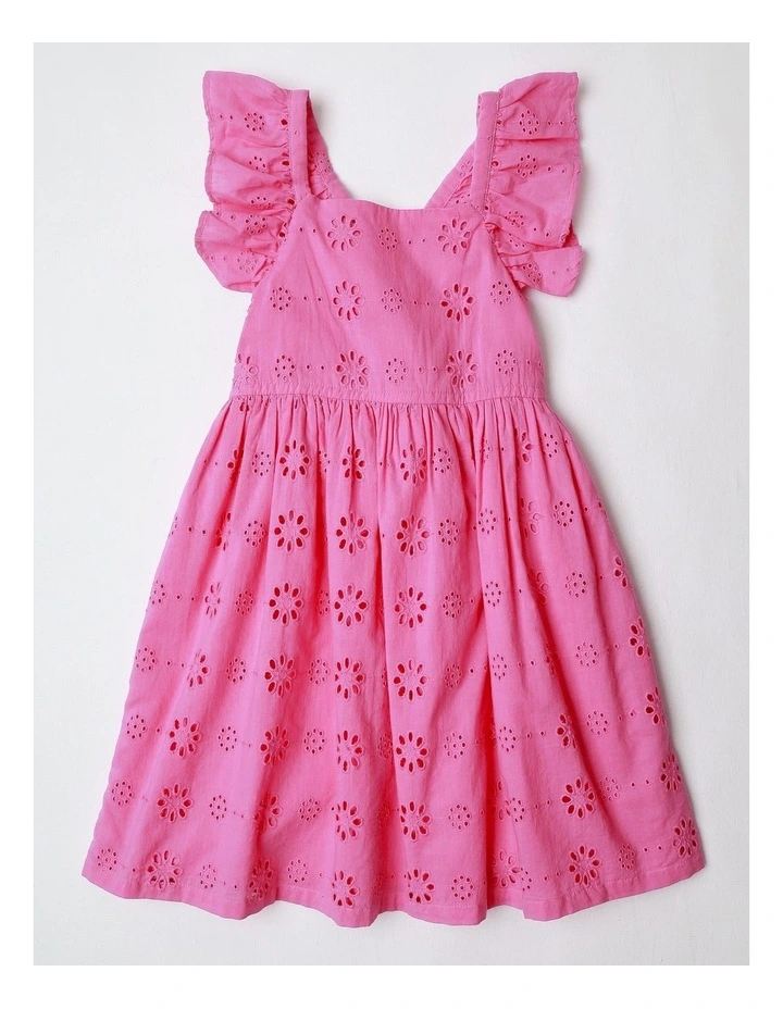 Broiderie Dress with Flutter Sleeve in Hot Pink image 1
