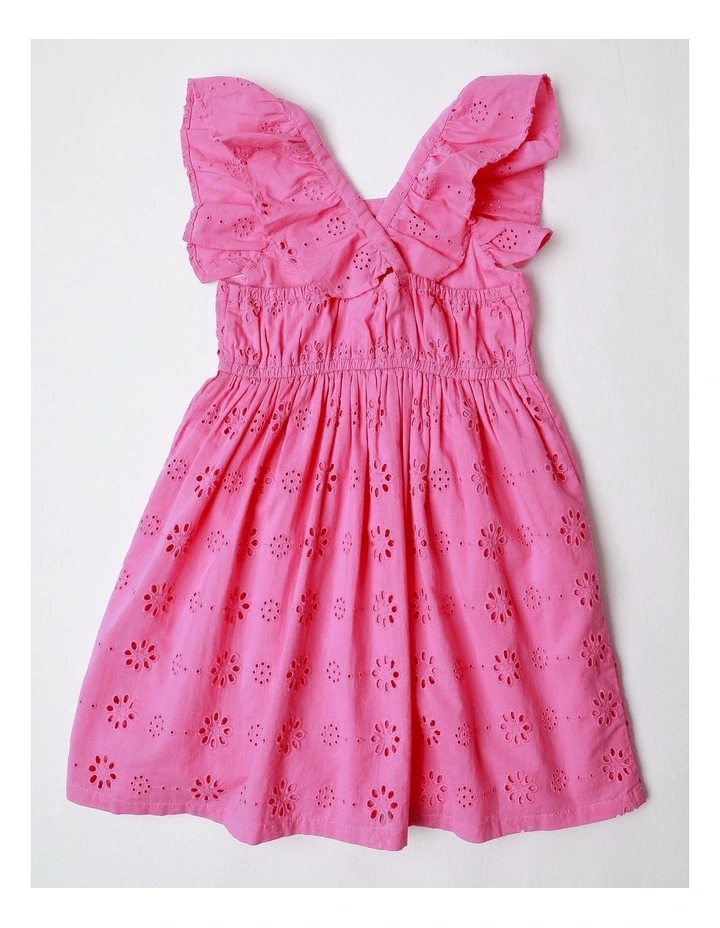 Broiderie Dress with Flutter Sleeve in Hot Pink image 3
