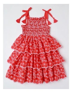 Tiered Shirred Dress in Red