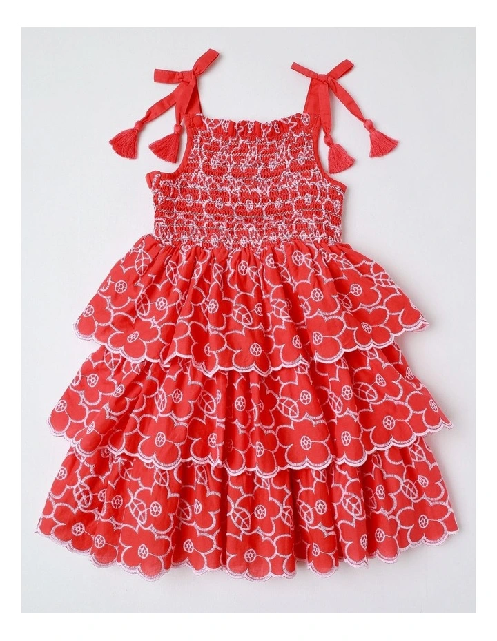 Tiered Shirred Dress in Red image 1