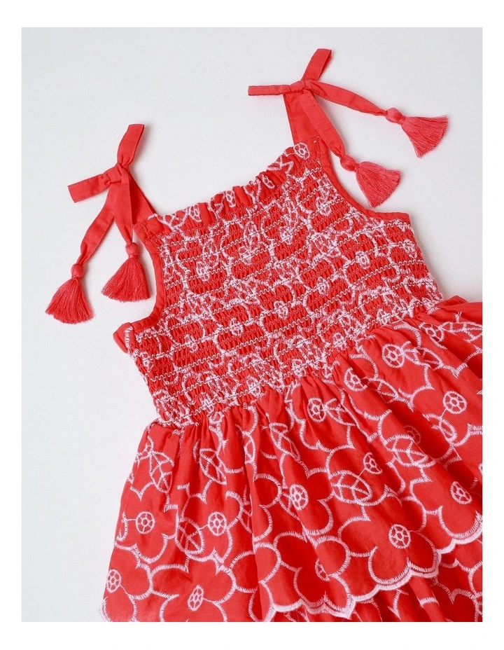 Tiered Shirred Dress in Red image 2