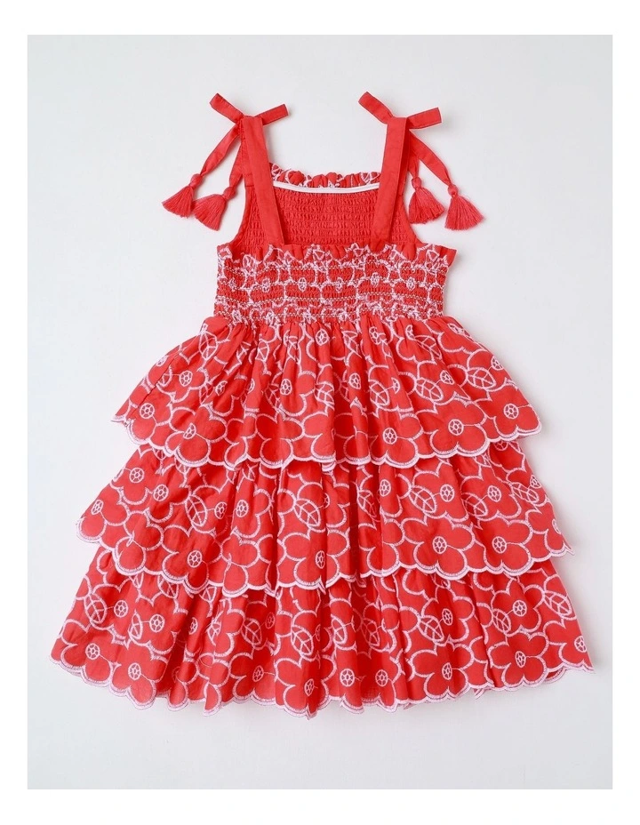 Tiered Shirred Dress in Red image 3