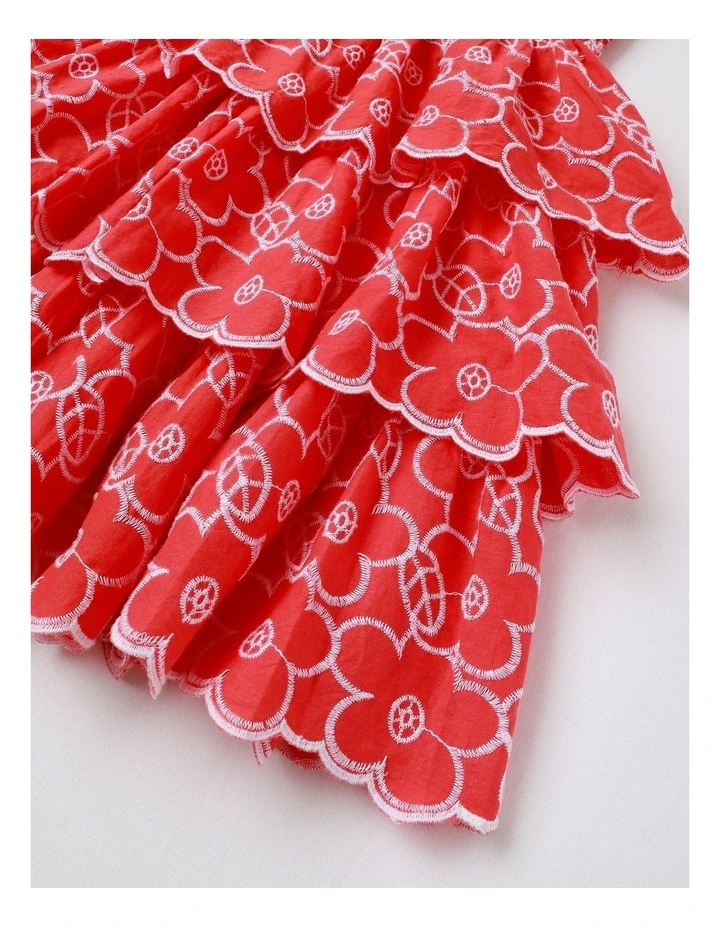 Tiered Shirred Dress in Red image 4