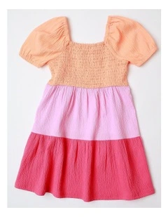 Broiderie Tiered Dress in Pink Multicolour