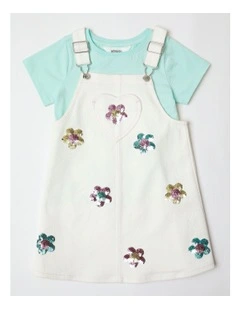 Denim Pinafore And Tee Set in White
