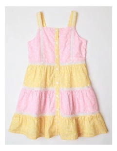 Button Front Tiered Dress in Pink and Yellow