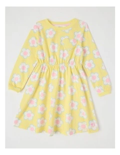 Long Sleeve Fit and Flare Dress in Yellow Daisies