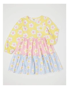Long Sleeve Tiered Dress with Sequin Daisies in Yellow Blue & Pink