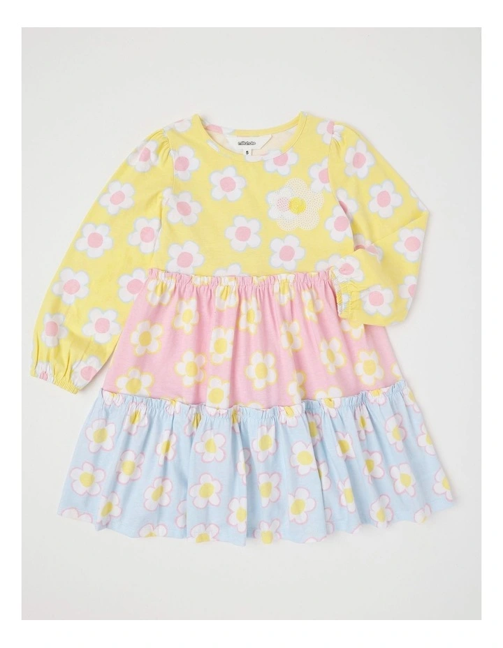 Long Sleeve Tiered Dress with Sequin Daisies in Yellow Blue & Pink image 1
