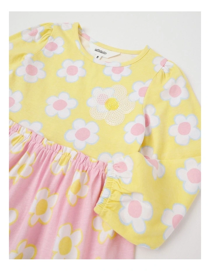 Long Sleeve Tiered Dress with Sequin Daisies in Yellow Blue & Pink image 2
