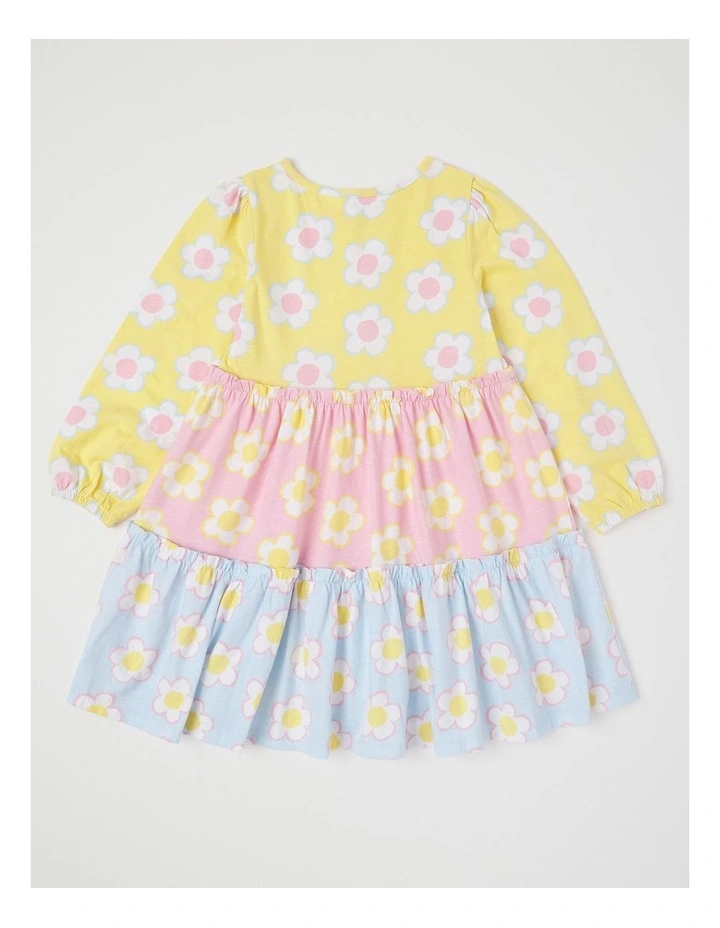 Long Sleeve Tiered Dress with Sequin Daisies in Yellow Blue & Pink image 3