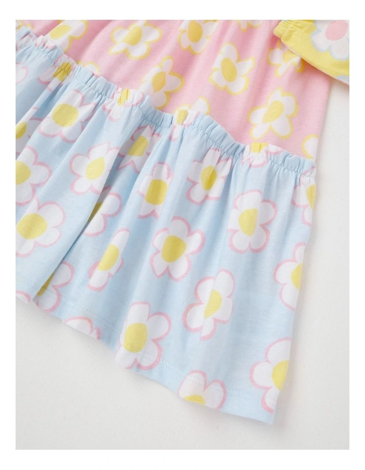 Long Sleeve Tiered Dress with Sequin Daisies in Yellow Blue & Pink image 4