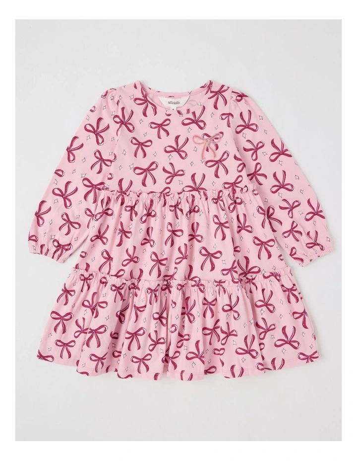 Long Sleeve Tiered Dress with Sequin Bows in Pink image 1