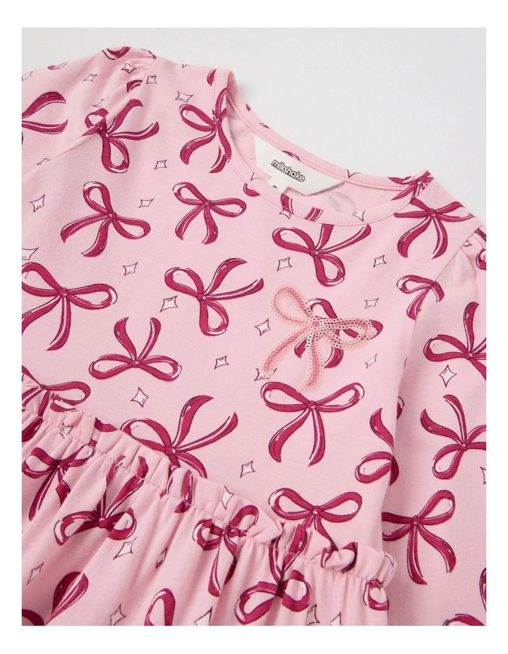 Long Sleeve Tiered Dress with Sequin Bows in Pink image 2