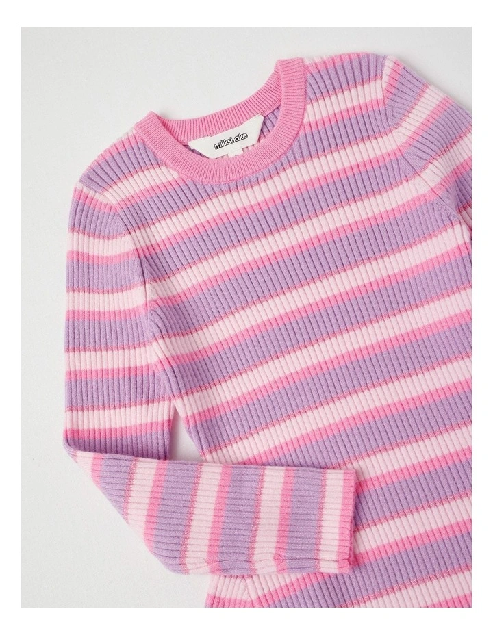 Long Sleeve Rib Knit Dress in Purple & Pink Stripe image 2