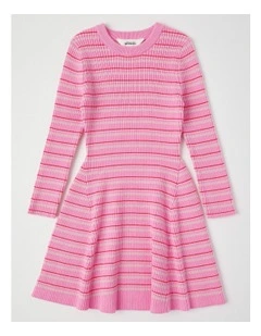 Long Sleeve Rib Knit Dress in Pink Stripe