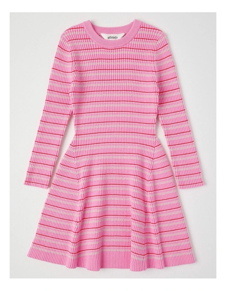Long Sleeve Rib Knit Dress in Pink Stripe image 1