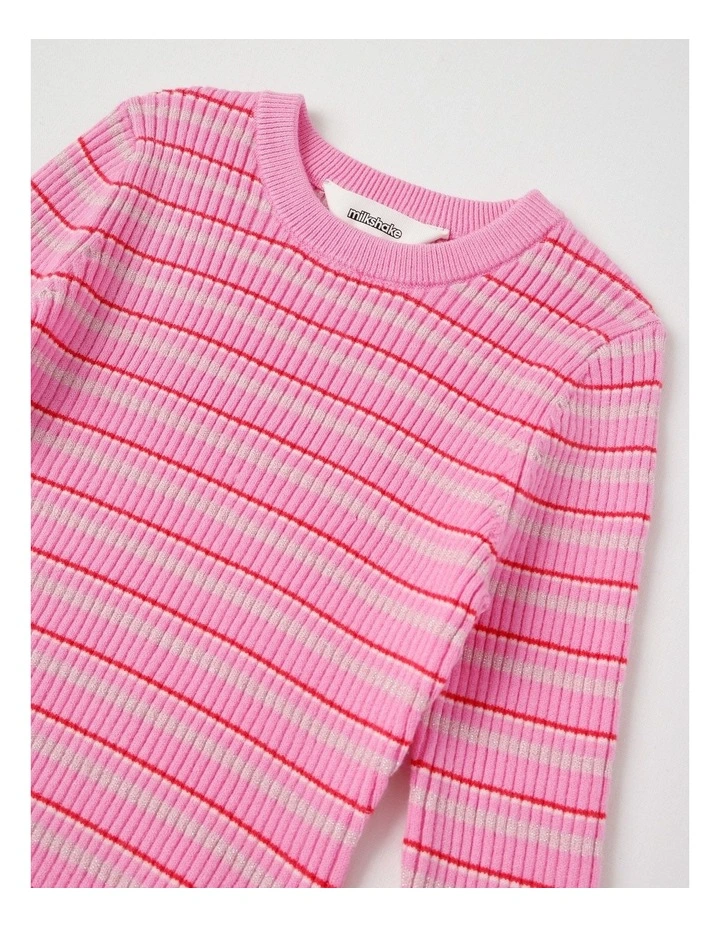 Long Sleeve Rib Knit Dress in Pink Stripe image 2