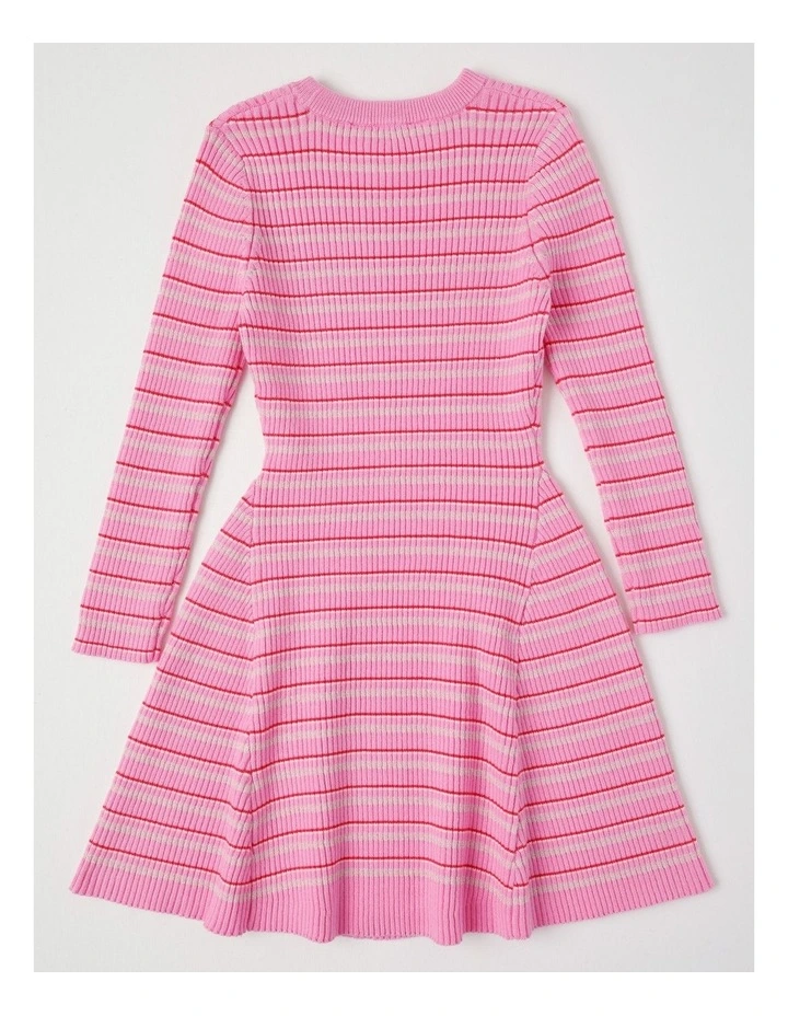 Long Sleeve Rib Knit Dress in Pink Stripe image 3